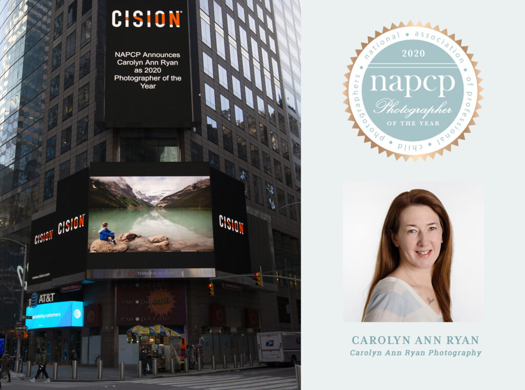 NAPCP Announces Carolyn Ann Ryan as Photographer of the Year 2020. Graphic shows a photograph taken by Carolyn on a billboard in Times Square and the NAPCP Photographer of the year logo and a photo of Carolyn Ann Ryan.