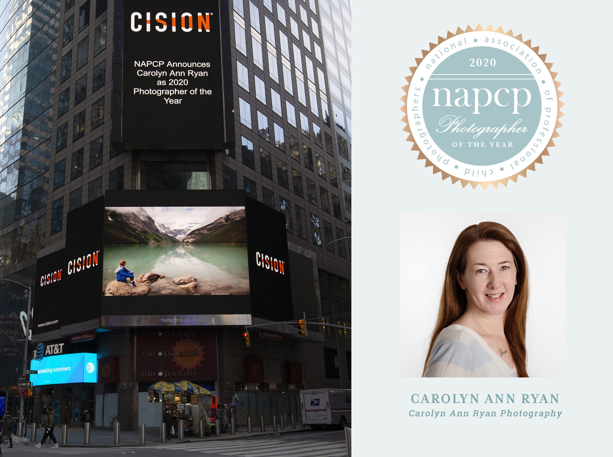 NAPCP Announces Carolyn Ann Ryan as Photographer of the Year 2020. Graphic shows a photograph taken by Carolyn on a billboard in Times Square and the NAPCP Photographer of the year logo and a photo of Carolyn Ann Ryan.