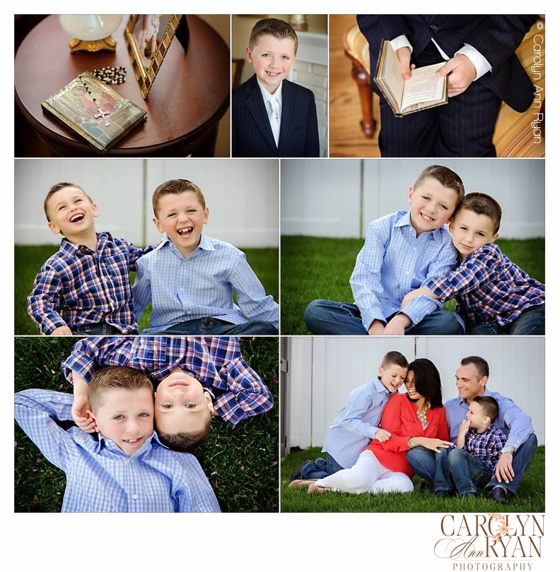 Collage of family photos including two brothers and the bottom photo includes mom and Dad. The top 3 photos are Communion portraits including a photo with rosary beads and a prayer book.