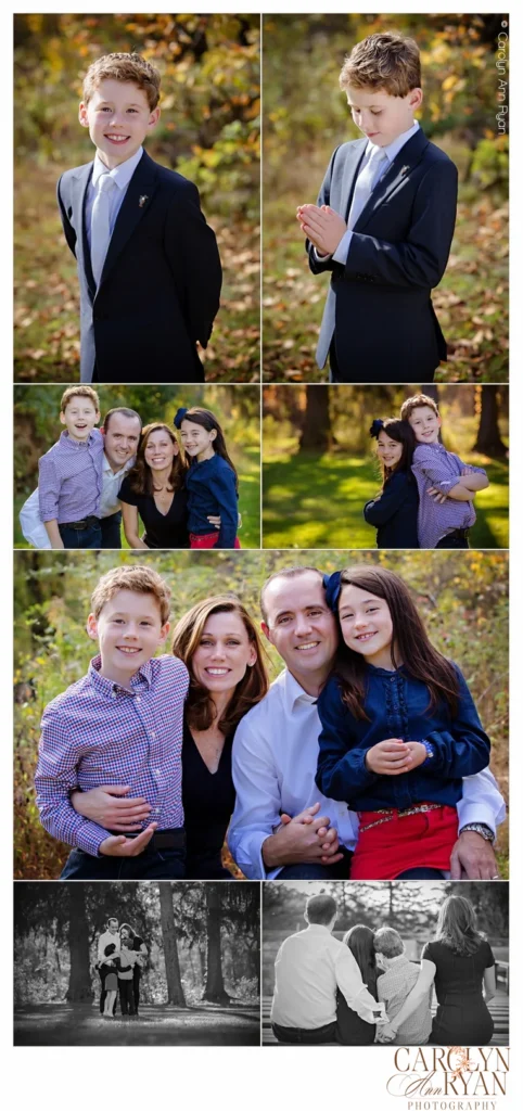 Collage of family photos from a portrait session. Top two show a young man in a suit for his Communion. Remaining include his casual clothes and his family including his sister and parents. Bottom photos are black and white portraits and candid.