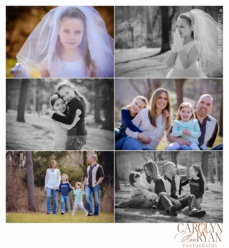 Collage of family portraits and young Communion portraits of a sweet young lady in a veil. Family includes two young sisters and parents.