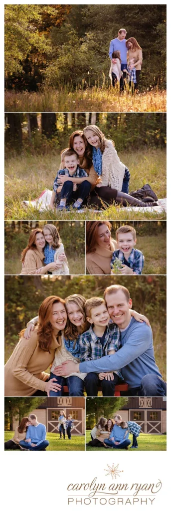 collage of family portraits including Mom and Dad with their son and daughter in a fall park setting