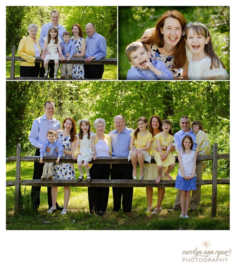 Collage of family portraits including an extended family photo. Top family portrait includes grandparents, parents and two kids. Next includes Mom and her two kids, including one missing a few front teeth, and the big photo includes an extended family portrait includes grandparents, their two daughters and both daughters families with a total of 6 grandchildren.