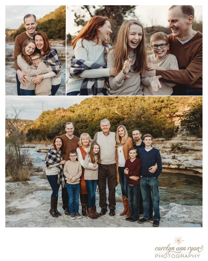 Collage of family and extended family portraits. Family of four includes Mom, Dad and two kids - boy and girl. Extended family includes grandparents, and two families of four.