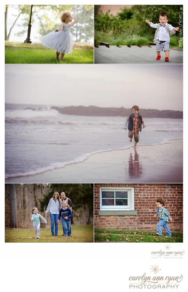 Collage of portraits of toddlers and kids either spinning, walking or running in natural light, outdoor settings.  Collage demonstrates Carolyn Ann Ryan Photography's ability to photograph kids on the move.