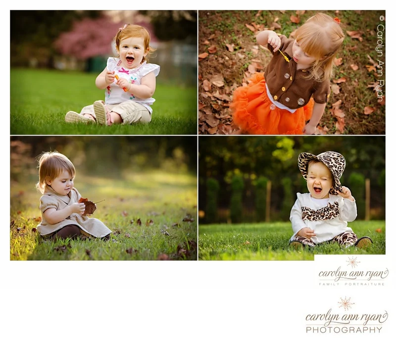 Collage of portraits of toddlers photographed by Carolyn Ann Ryan.  Collage features kids playing with bubbles, a leaf or a hat. 