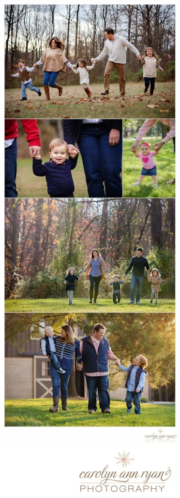 Collage of portraits of families walking or running together in outdoor, natural light settings photographed by Carolyn Ann Ryan