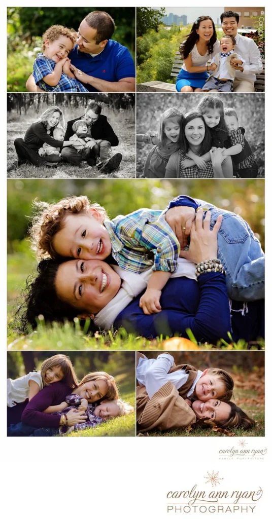 Collage of portraits of families with kids in playful, outdoor settings.  Collage shows parents tickling kids or kids tackling parents for hugs. 